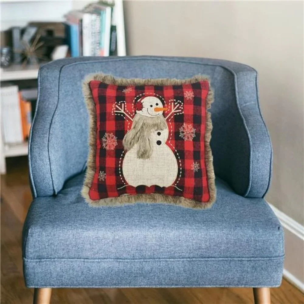 Snowman Christmas Pillow Holiday Accent Buffalo Plaid Farmhouse Cottage Decor